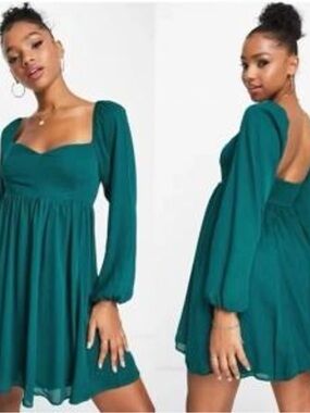 EUC Abercrombie and Fitch Teal Long-Sleeve Sweetheart Emerson Mini Dress Medium